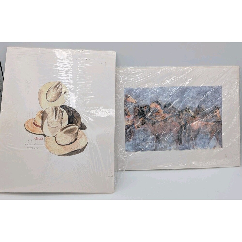 John Saunders Signed Art Print Lot Western Hats Off & Wild Horses 9x11
